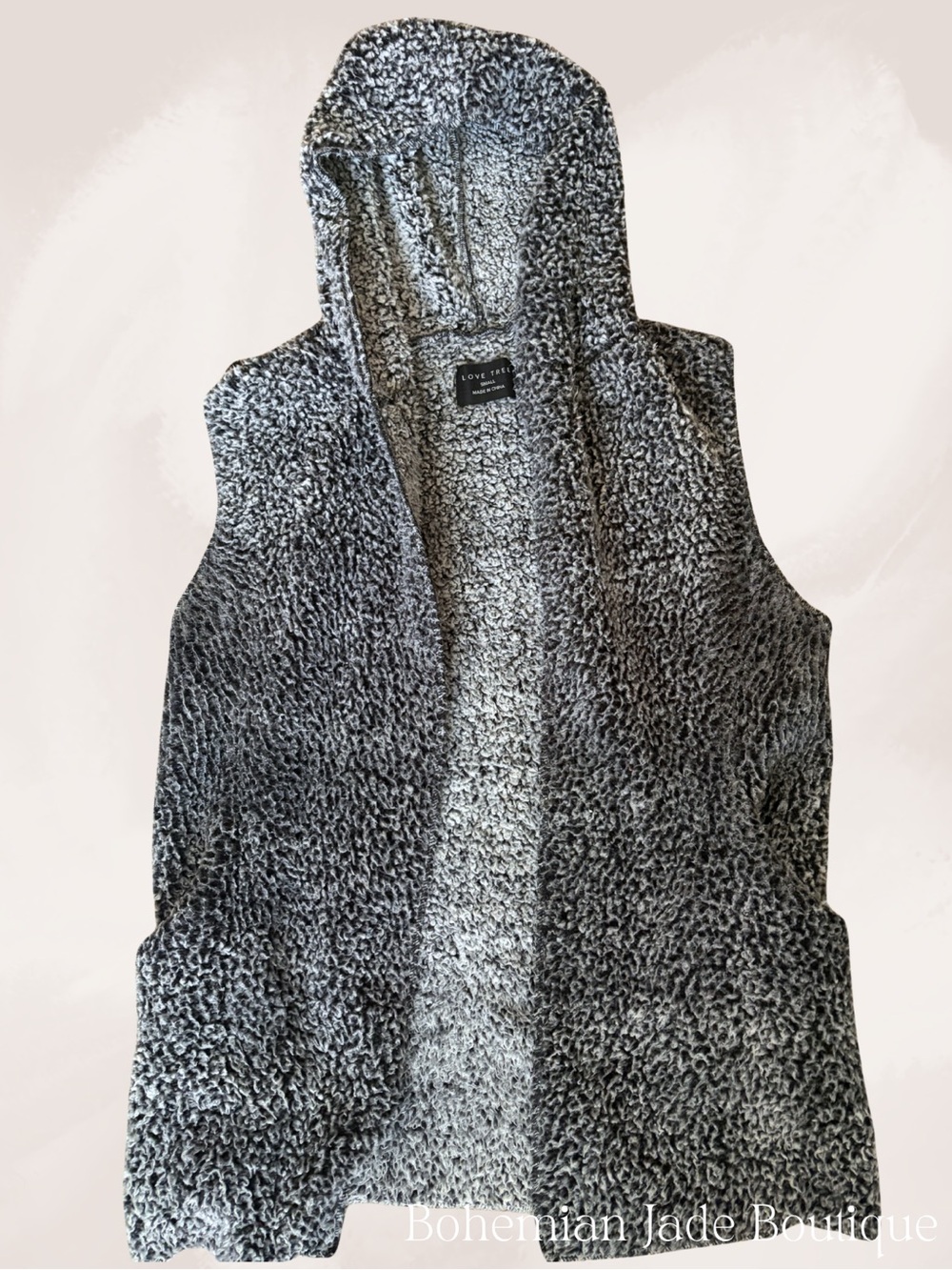 Love Tree Sherpa Fleece Hooded Open Front Vest Gray Black Women’s Small